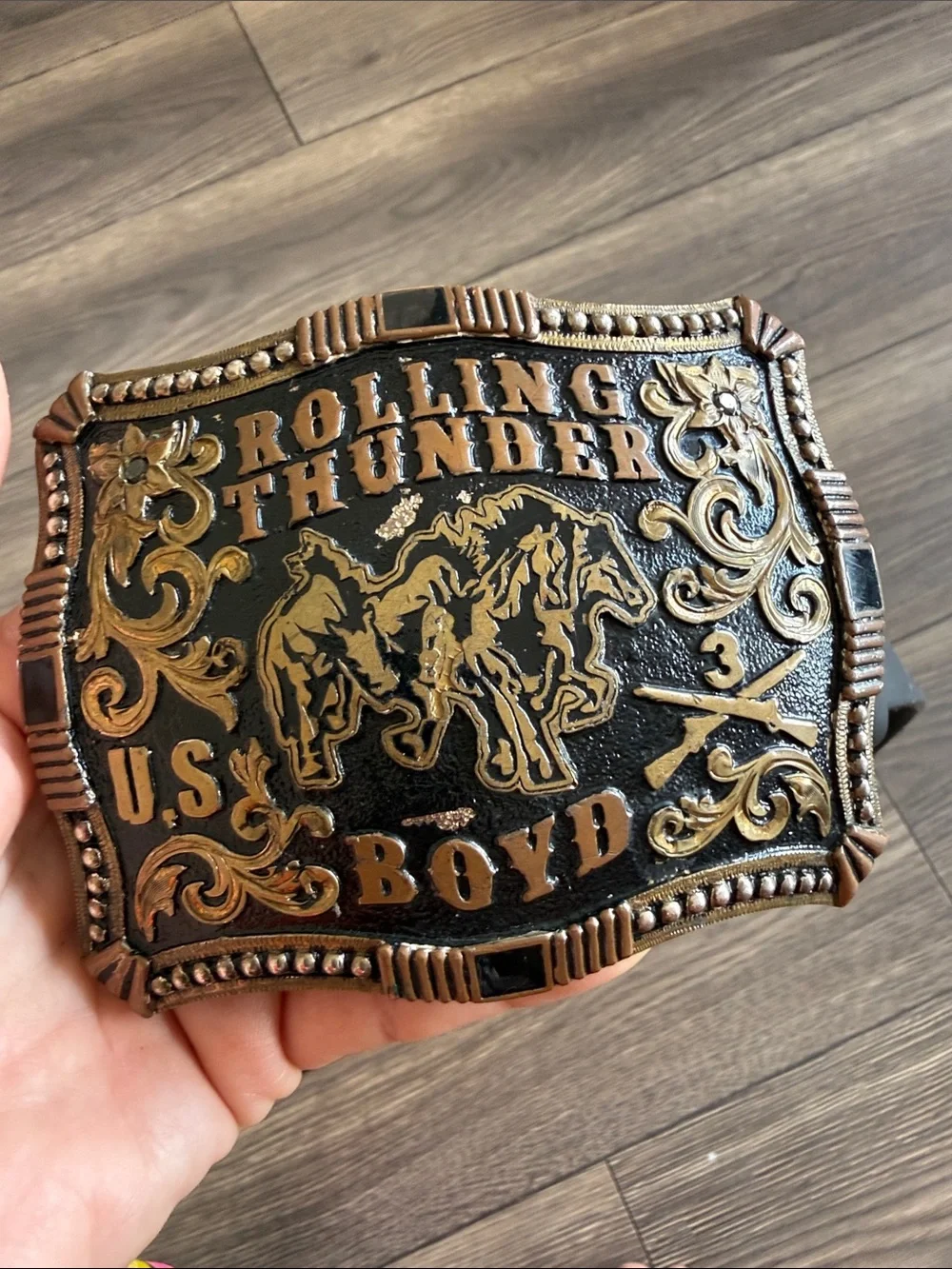 Corriente Rolling Thunder U.S. Boyd Western Rodeo Buckle Black Leather Belt